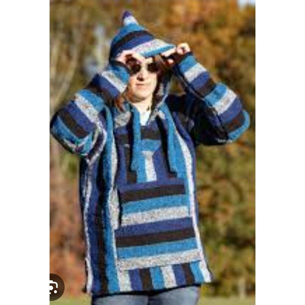 Baja Hoodie Pullover Mexican Style Drug Rug blue Black Unixes sz L rasta Hippie